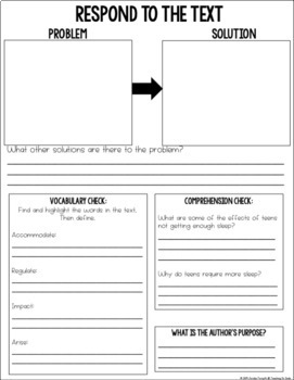 Image is of the "Respond to the Text" page of the product. It includes two boxes for problem & solution separated by an arrow. There is a box for vocabulary, comprehension, and author's purpose.